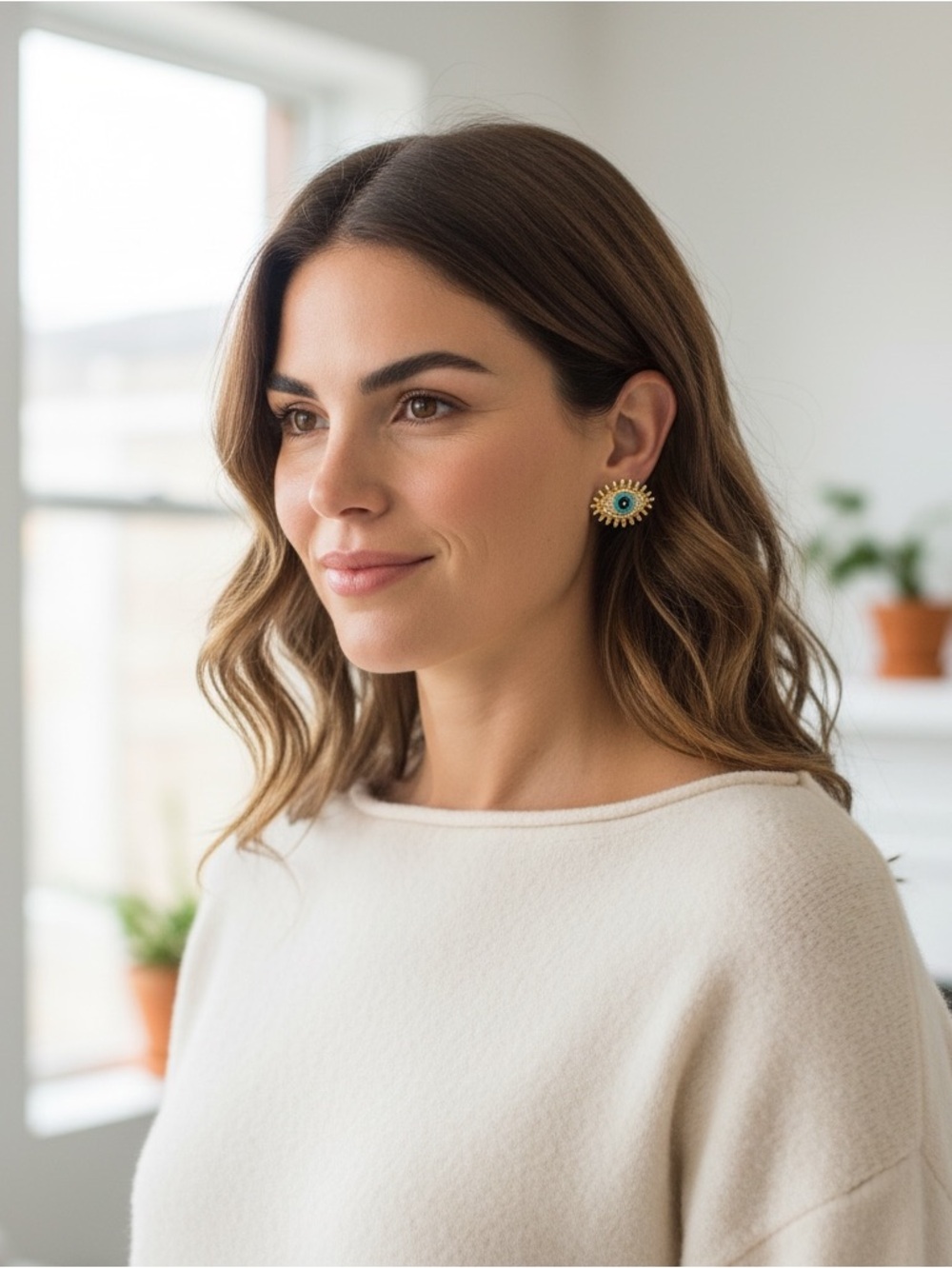 Gold Turquoise Eye Stud Earrings - Women Jewelry